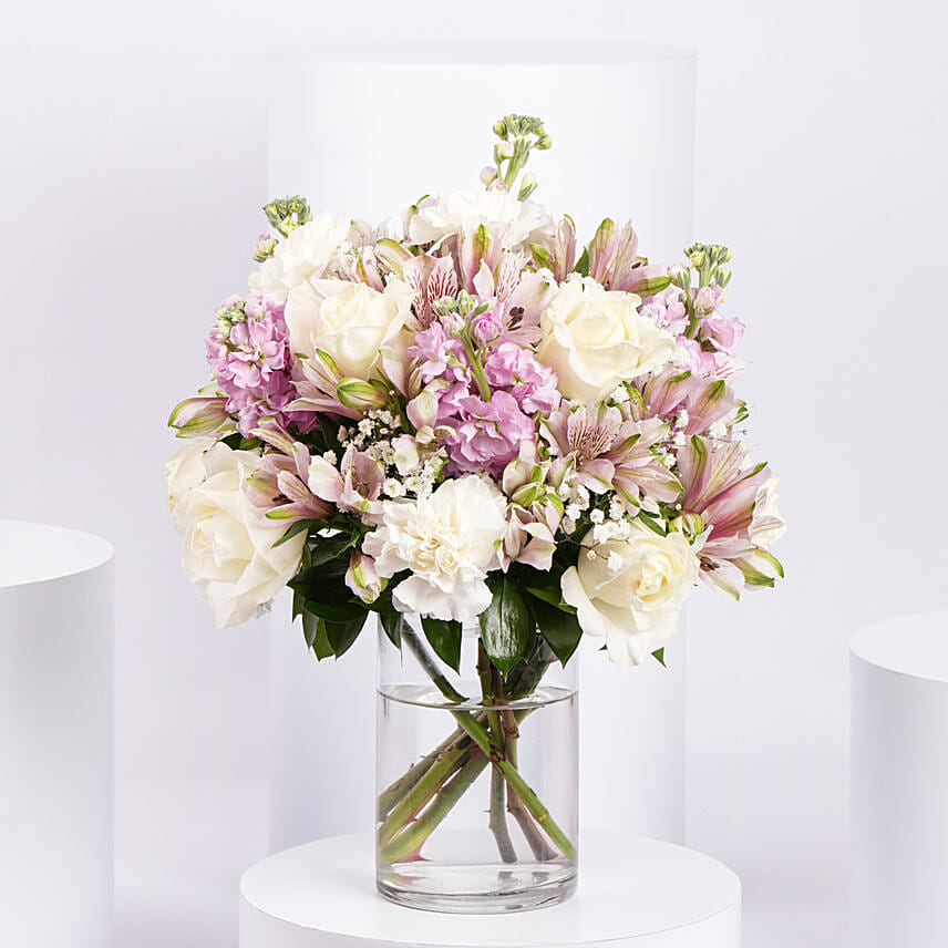 Pink and White Floral Bunch In Glass Vase: Birthday Gifts to Al Ain