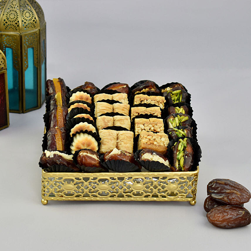 Square Tray of Dates and Baklava: Fathers Day Sweets