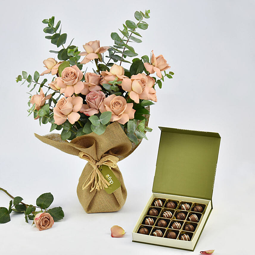 Cappuccino Roses Bouquet and Premium Chocolate Box: Diwali Flowers