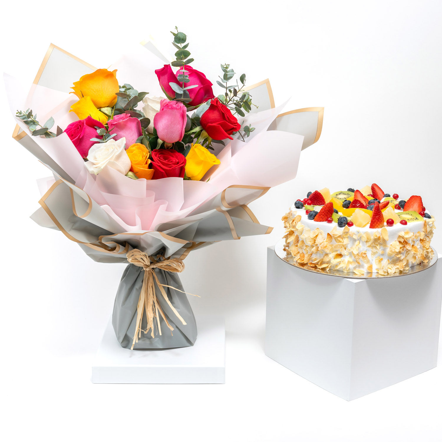 Online Mixed Color Flower Bouquet with Fruit Cake Gift Delivery in